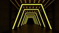 Light in the tunnel. Yellow Neon In Room. Neon 3D Render Dark background