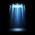 Light ufo. Spaceship alien magic bright blue beam. Futuristic Sci-fi spotlight from ufos spacecraft isolated on black Royalty Free Stock Photo