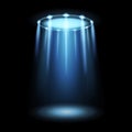 Light ufo. Spaceship alien magic bright blue beam. Futuristic Sci-fi spotlight from ufos spacecraft isolated on black effect. Royalty Free Stock Photo