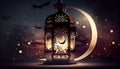 Ramadan kareem arabic lantern with crescent moon on night sky background Generative AI