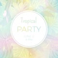 Light vector hawaiian party flyer with palm leaves and exotic tropical plants.