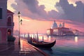 Light Venice, pink dawn, blue wagon, boats, shine, embankment, many white houses in distance