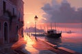 Light Venice, pink dawn, blue wagon, boats, shine, embankment, many white houses in distance