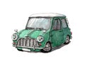 light vibrance greed and white top mini cooper morris mark i classic car painted in watercolor