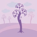 Light violet with curls tree with blue clouds, purple meadows and trees on a background