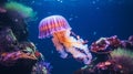 Light violet jellyfish underwater photography. Close up tentacles wild nature aquarium translucent dangerous poison