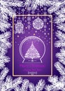 Light violet magic Christmas card with conifer branch vignette, hanging craft decoration and glowing globe with Xmas tree. Can be Royalty Free Stock Photo