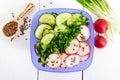 A light vitamin spring - summer salad with fresh cucumbers, radish Royalty Free Stock Photo