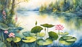 light watercolor painting of lotus flowers and leaves in water in an influential and harmonious styled background