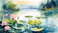 light watercolor painting of lotus flowers and leaves in water in an influential and harmonious styled background