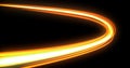 Light wave twirl with neon glow trail spin, orange yellow flash trace effect on black background. Car lights glow, optic fiber and Royalty Free Stock Photo