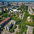 Light weight drone with four propellers flying under city. Military technology, buildings, civilian town, blue summer