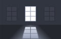Light from window in empty dark room, outside. Bright window shadow on the floor. Flat vector illustration on black background Royalty Free Stock Photo