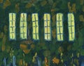 Light in the windows of the church. Oil painting