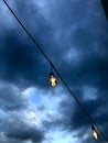 Light and wires blend into the darkening sky