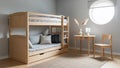 Light Wood Bunk Bed with Pull-out Trundle and Cozy Bedding in a Bright Room Keywords: light wood bunk bed, trundle Royalty Free Stock Photo