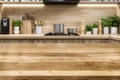 Light Wood Table on Blurred Kitchen Background, Modern Wooden Table Mockup for Montage Product Royalty Free Stock Photo