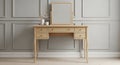 Light Wood Vanity Table with Mirror and Drawers Against a Paneled Wall dressing table makeup table Royalty Free Stock Photo