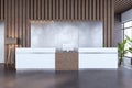 Light wooden and concrete office lobby interior with reception desk, panoramic window with city view and other objects. Waiting Royalty Free Stock Photo