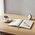 Desk with a cup of steaming coffee on a white saucer, an open Royalty Free Stock Photo