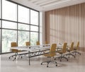 Light wooden meeting room interior with table and seats, panoramic window Royalty Free Stock Photo