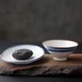 On a light wooden table, a assortment of white dishes with blue rims is displayed, including a rectangular plate, a bowl Royalty Free Stock Photo