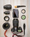 digital camera, several different lenses, filters, cables Royalty Free Stock Photo