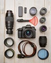 digital camera, several different lenses, filters, cables Royalty Free Stock Photo