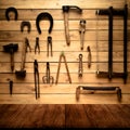 Light wooden wall with different vintage carpentry tools. Background. View from dark wooden gangway, table or bridge. Collage. To Royalty Free Stock Photo