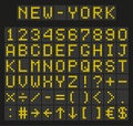 Light yellow digital font, letters and numbers. English alphabet in digital screen. LED board concept for billboards, airport, Royalty Free Stock Photo