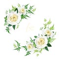 Light yellow and greenery floral editable bouquet set. Elegant cabbage rose flowers, maidenhair fern, vine green leaves,