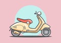 Yellow retro style of scooter motorbike isolated on light red background, flat line vector and illustration. Royalty Free Stock Photo