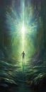 Light Zooming Past Man Walking Cave Glowing Green Soul Blade New Age Album Cover Ascending Form Sky Underwater Lights Approaching Royalty Free Stock Photo