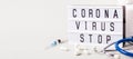 Lightboard with words Coronavirus stop. Web banner with Coronavirus treatment concept