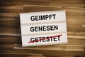 Lightbox or light box with german words for vaccinated, recovered or testet - geimpft, genesen, getestet on wooden table backgroun Royalty Free Stock Photo