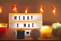 Merry X-mas lightbox and Christmas decorations with gift