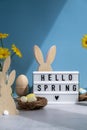 Lightbox with message HELLO SPRING on festive blue background and eco-friendly zero waste natural decoration. Yellow Royalty Free Stock Photo