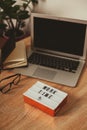 lightbox with the message time to work. Coffee mug, glasses, notebook. flatley snapshot.