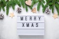 Lightbox with text MERRY XMAS. Christmas composition with fir tree branches and natural decor on stone background Royalty Free Stock Photo