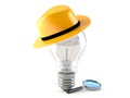 Lightbub with yellow hat and magnifying glass Royalty Free Stock Photo