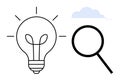 Lightbulb with Bright Rays and Magnifying Glass Near Cloud Representing Innovation and Discovery Royalty Free Stock Photo