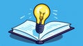 lightbulb cartoon in front of open books, blue and yellow color scheme. Flat render, subtle gradients, AI generated