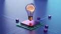 A lightbulb with a brain inside sitting on a circuit board with cubes and lines around it Royalty Free Stock Photo