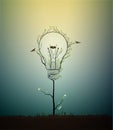 Lightbulb created from the leaves and looks like spring tree growing on soil with birds and nest, green energy concept,