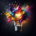 A lightbulb explodes with a burst of vibrant, colorful paint, symbolizing creativity and innovation. Royalty Free Stock Photo