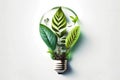 Lightbulb with fresh green leaves. Generative ai design engery art