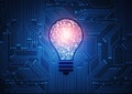 Lightbulb With Gears Mechanism Over Blue Computer Microcircuit Background, Illustration