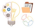 Lightbulb with Gears, Binary Code in Folder, and Puzzle Pieces Representing Innovation and Data Solutions Royalty Free Stock Photo
