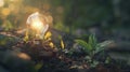 A lightbulb with a glowing filament stands in soil next to a young plant..AI generated image Royalty Free Stock Photo