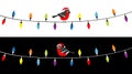 Lightbulb glowing garland set. Bullfinch bird in red Santa hat. Christmas lights. Colorful string fairy light set. Cone shape.
